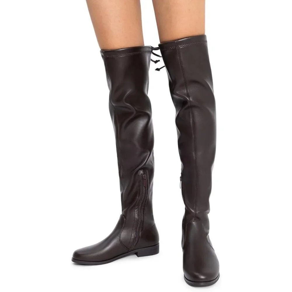 🆕Women's Brown-pu Thigh High Low Block Heel Casual Fashion Over the Knee Boots